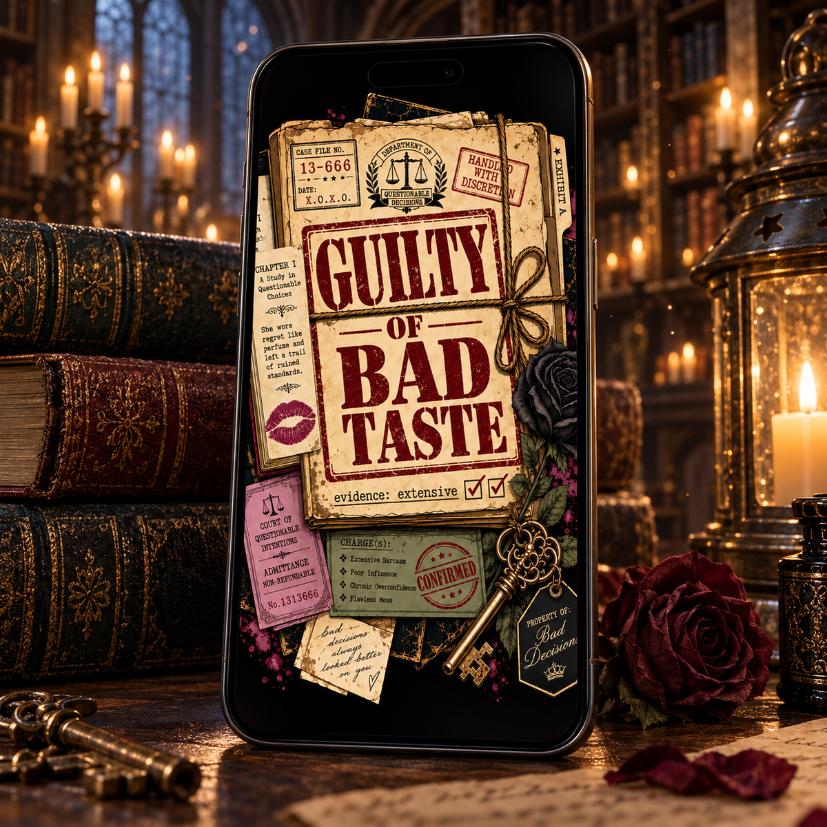 A smartphone displaying a gothic-themed digital graphic with the text 'GUILTY OF BAD TASTE' surrounded by vintage tickets, keys, lipstick marks, and roses, set against a moody library scene with candles and old books.