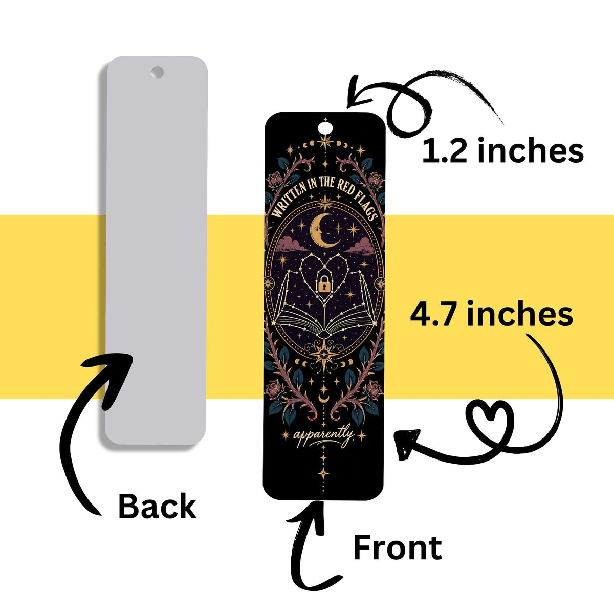 A black rectangular bookmark with a detailed celestial illustration is shown alongside a plain back view. Arrows and text indicate dimensions: 1.