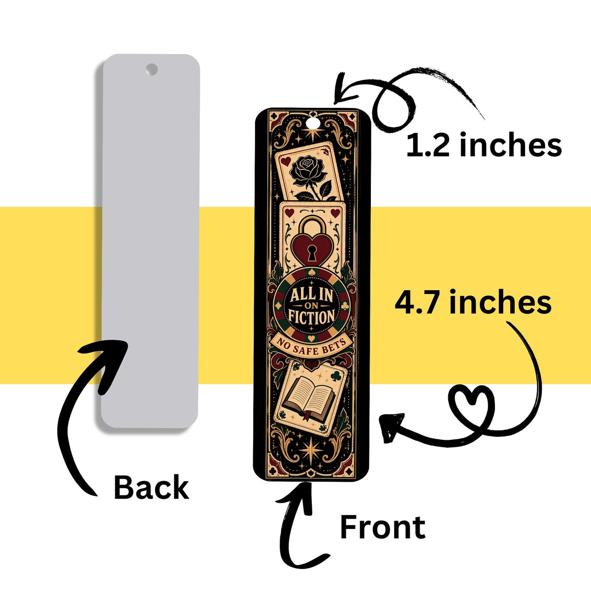 A bookmark-style book tag shown front and back on a white background with a yellow horizontal band. The front has a dark gothic illustration with cards, a heart lock, an open book, and the text 'ALL IN ON FICTION' and 'NO SAFE BACK.