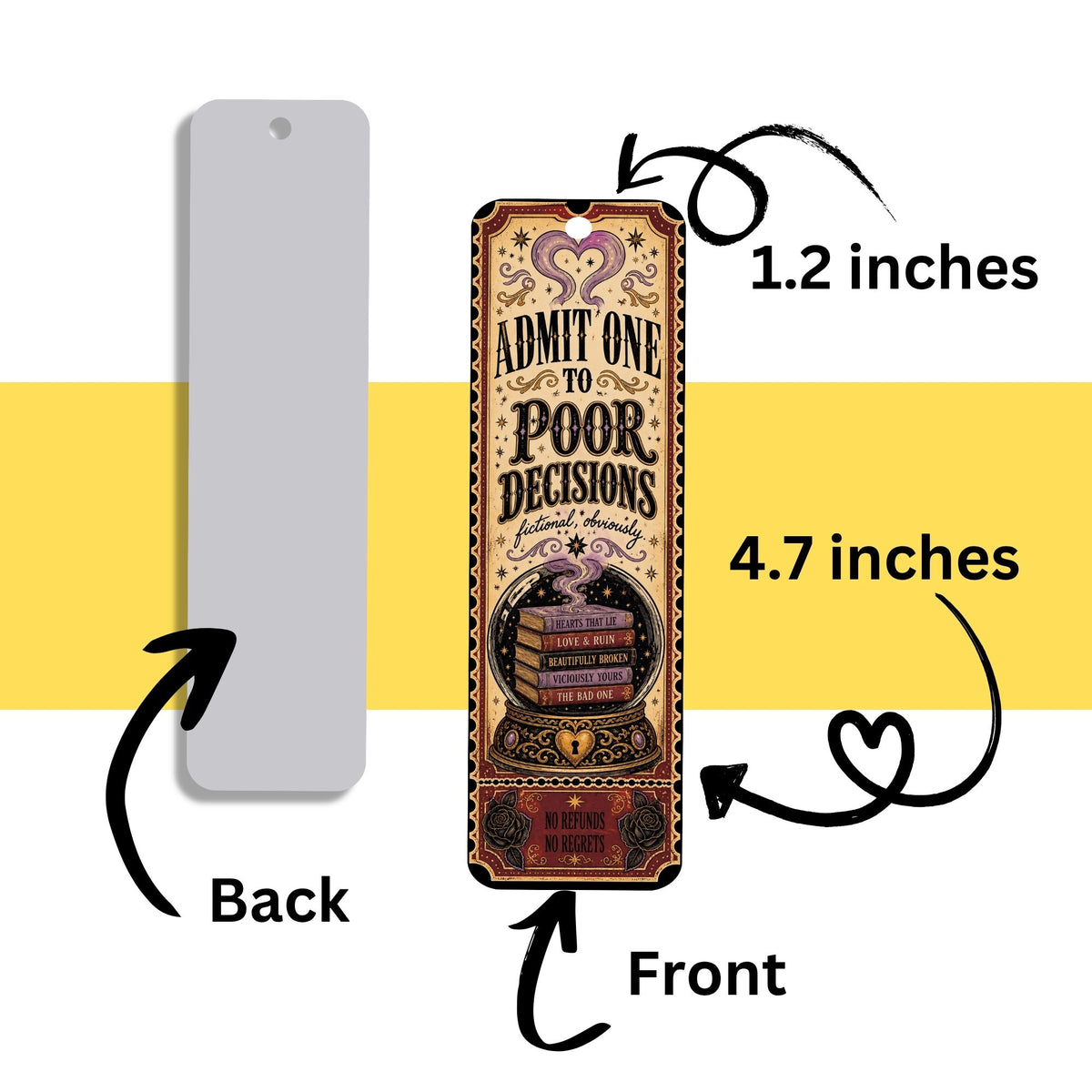 A rectangular bookmark or tag shown from front and back on a white background with a yellow horizontal band. The front features a vintage-style illustrated design with the text 'ADMIT ONE TO POOR DECISIONS' and dimensions labeled 1.