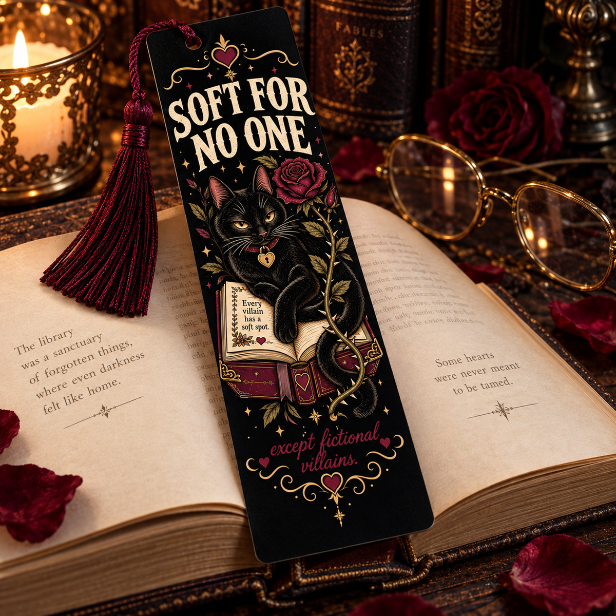 A decorative black bookmark with a tassel, featuring an illustration of a black cat reading a book with roses and the text 'SOFT FOR NO ONE except fictional villains,' styled on an open book with candles, rose petals, and gold-rimmed glasses around it.