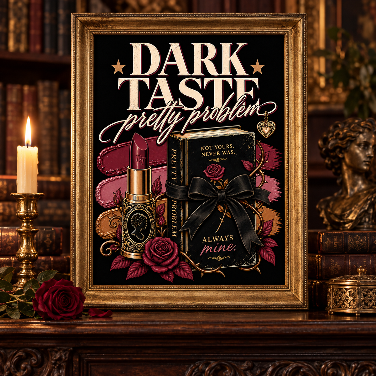 A framed gothic-themed art print displayed on a dark wooden mantel. The print features a black background with the text 'DARK TASTE pretty problem' in white, accompanied by illustrations of a vintage lipstick tube, a book with a black ribbon and bow, and red roses.