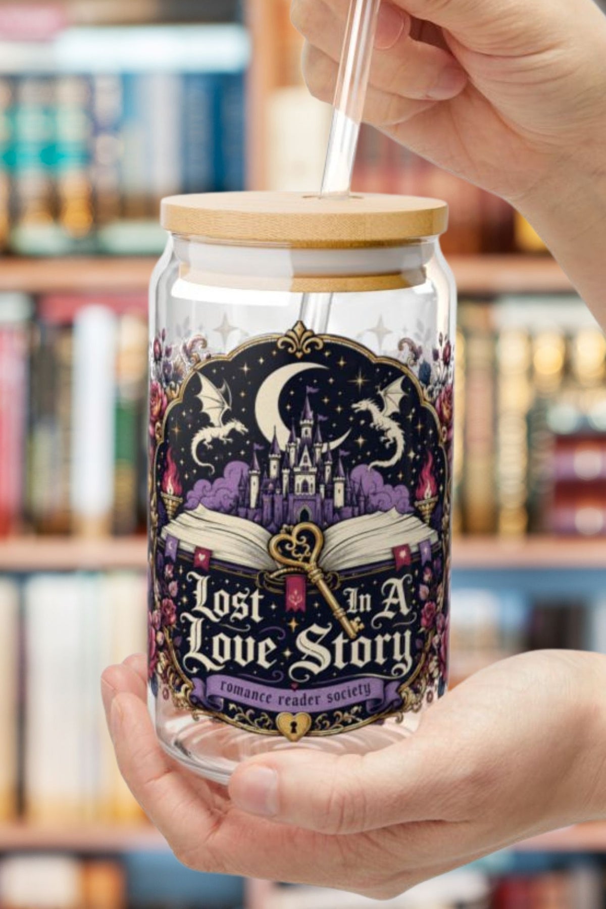 Lost in a Love Story 16oz Glass Cup | Romantasy Libby Glass | Fantasy Romance BookTok Iced Coffee Cup