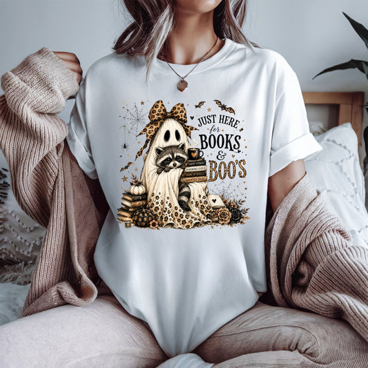 Books & Boo's Halloween Shirt, Book Lover Ghost Tee, Cute Raccoon Reading Shirt, Coquette Fall Graphic Tee