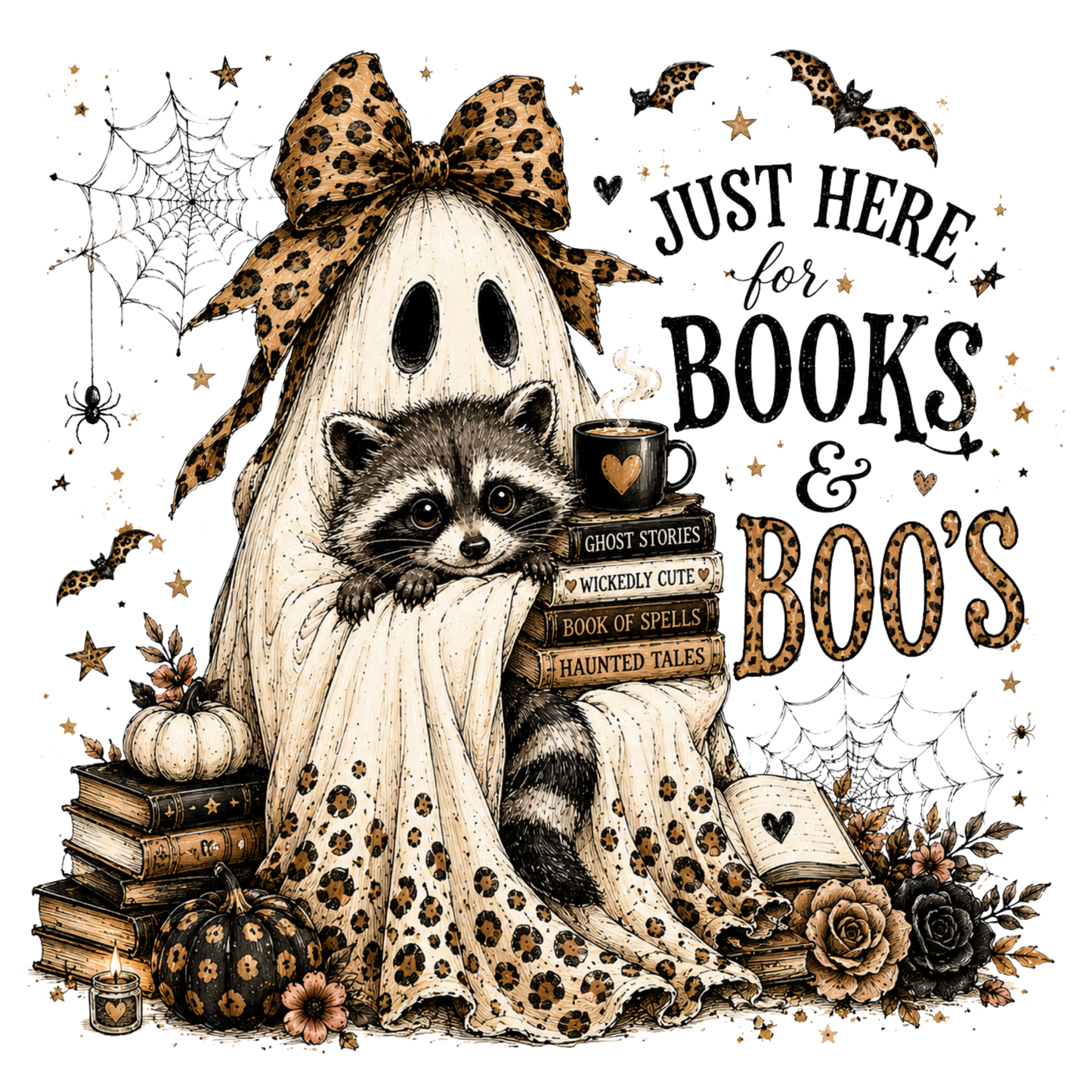 Books & Boo's Halloween Shirt, Book Lover Ghost Tee, Cute Raccoon Reading Shirt, Coquette Fall Graphic Tee