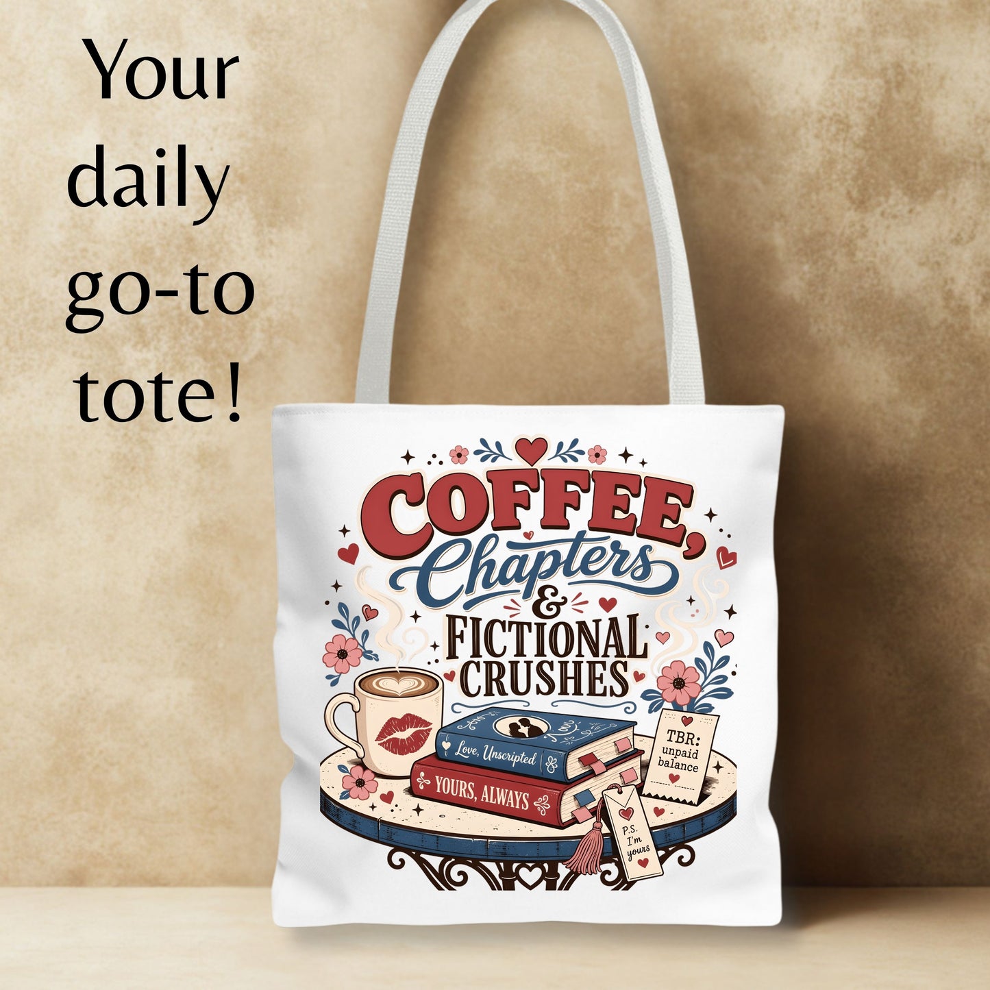 Coffee Chapters & Fictional Crushes Tote Bag | Book Lover Tote | Romance Reader Book Bag | BookTok Gift | Coffee and Books Tote