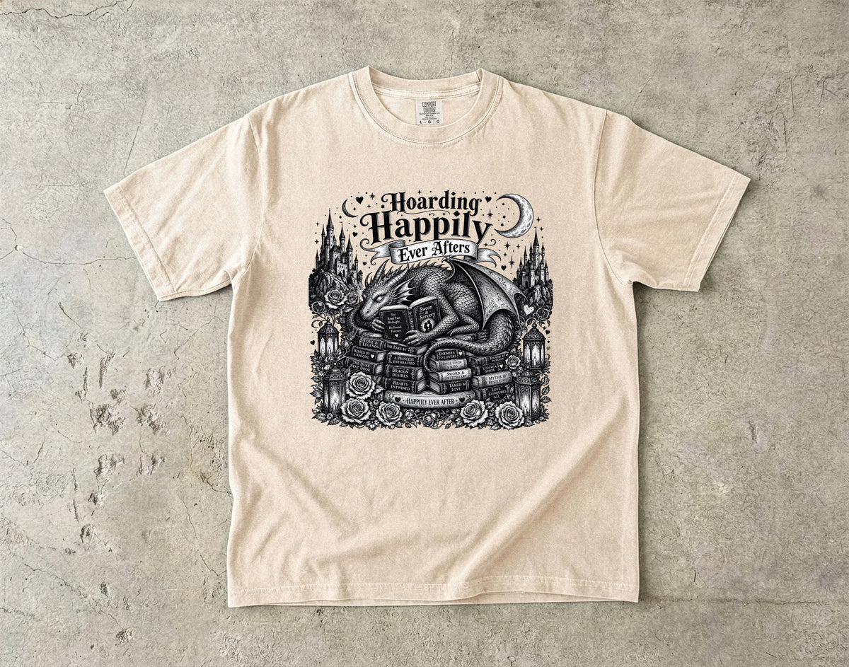 Hoarding Happily Ever Afters Shirt, Fantasy Romance Reader Tee, Dragon Book Lover Shirt, Romantasy BookTok Tee, Cozy Reader Gift