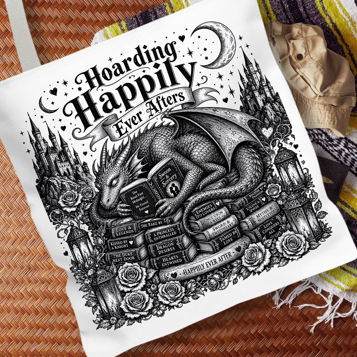 Hoarding Happily Ever Afters Tote Bag, Fantasy Romance Book Tote, Dragon Book Lover Bag, Romantasy Reader Gift, BookTok Tote