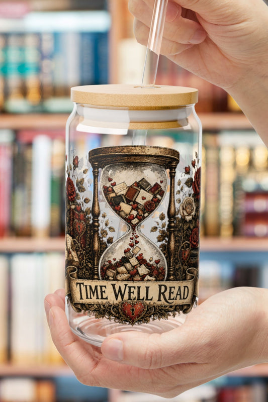 Time Well Read Glass Cup, Romance Reader Libby Cup, Cottagecore Book Lover Glass, Vintage Literary Iced Coffee Cup, BookTok Gift