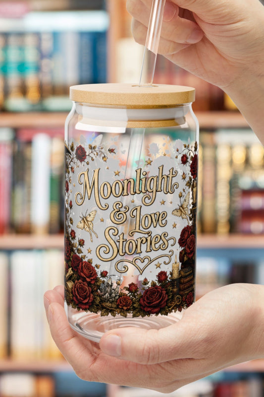 Moonlight & Love Stories Glass Cup, Gothic Romance Libby Cup, Dark Academia Book Lover Glass, BookTok Iced Coffee Cup, Cottagecore Reader Gift