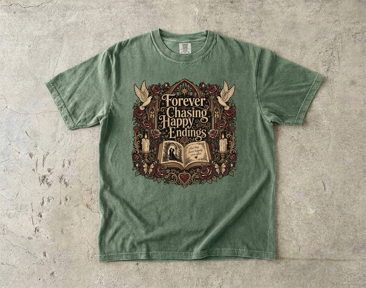 Forever Chasing Happy Endings Shirt, Romance Reader Tee, Book Lover Graphic Shirt, Gothic BookTok Tee, Dark Academia Literary Gift