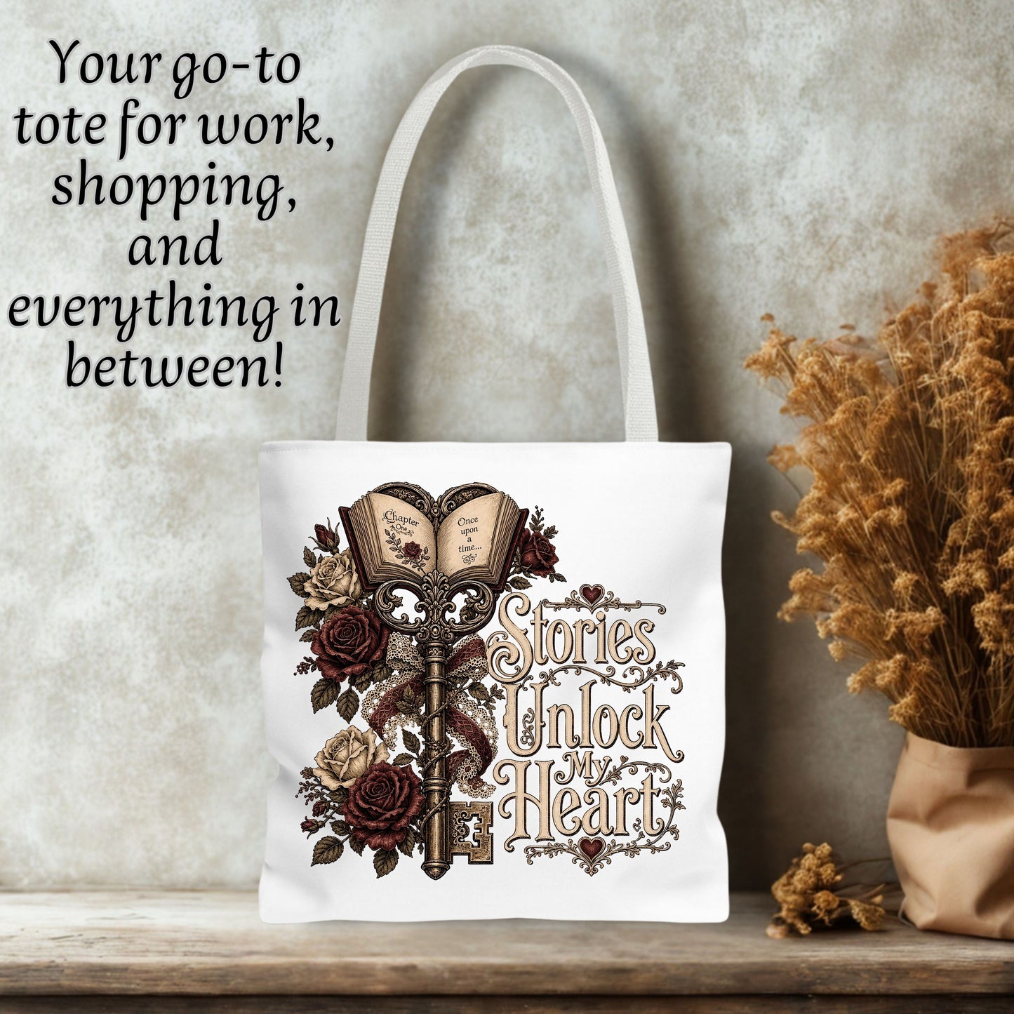 Stories Unlock My Heart Tote Bag | Romance Reader Book Tote | Gothic Literary Bag | Dark Academia Book Lover Gift