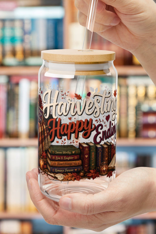 Fall reading just got even cozier! 🍂📚🥤 The Harvesting Happy Endings 16 oz glass cup is perfect for romance readers who love crisp autumn mornings, colorful leaves, cozy blankets, and happily ever afters. Featuring charming fall books, lanterns, plaid blankets, pumpkins, warm mugs, and vibrant florals, it's the perfect cup for iced coffee, tea, cider, or your favorite seasonal drink. A thoughtful gift for BookTok fans, book lovers, librarians, teachers, and anyone who believes the best stories are read in