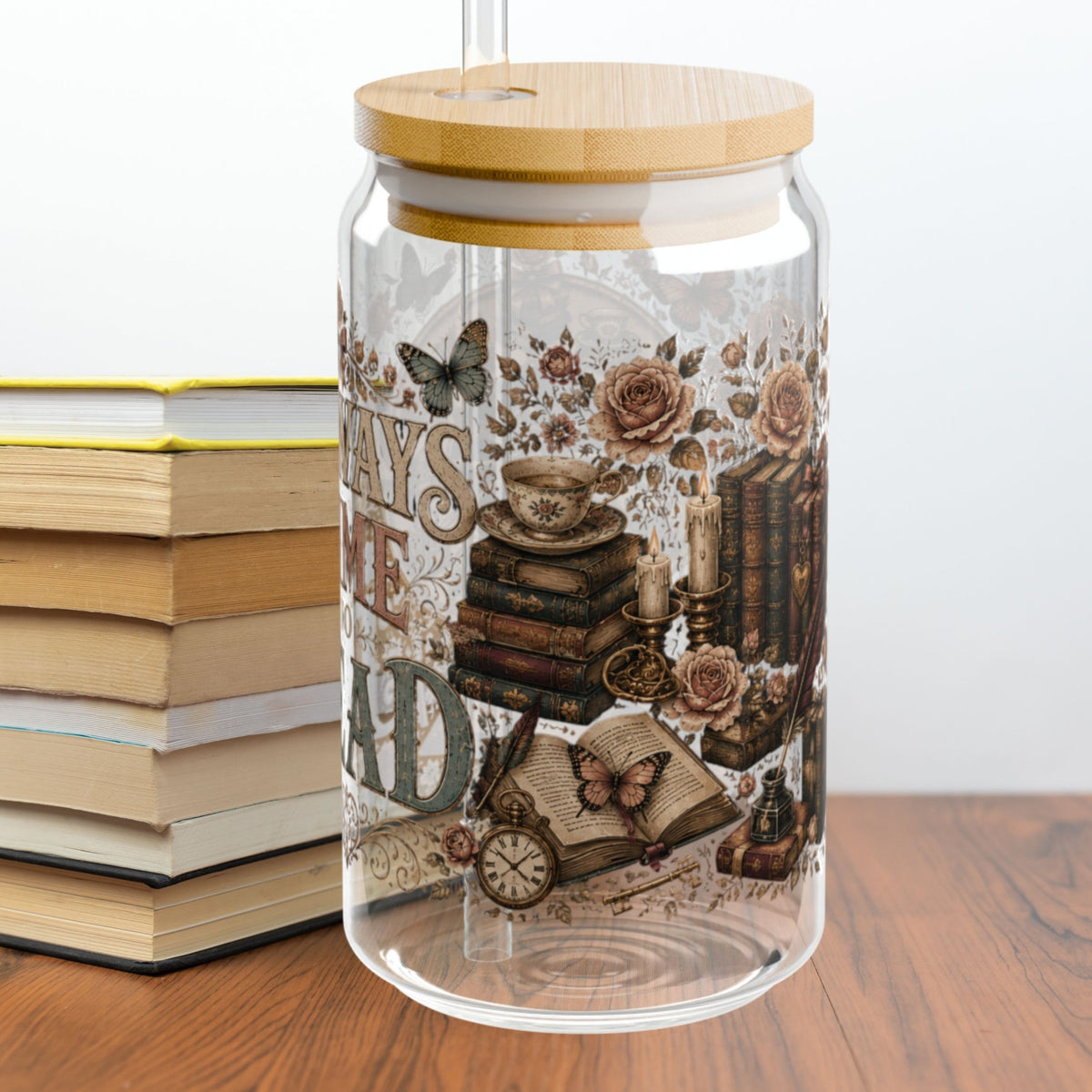 Always Time to Read Glass Cup, Personalized Book Lover Glass Can, Romance Reader Iced Coffee Cup, BookTok Gift, Literary Libbey Style Glass