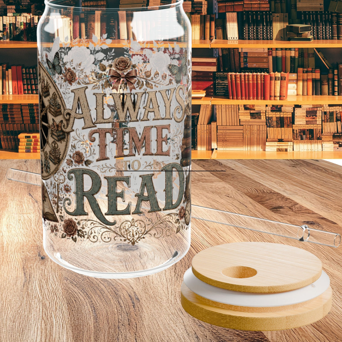 Always Time to Read Glass Cup, Personalized Book Lover Glass Can, Romance Reader Iced Coffee Cup, BookTok Gift, Literary Libbey Style Glass