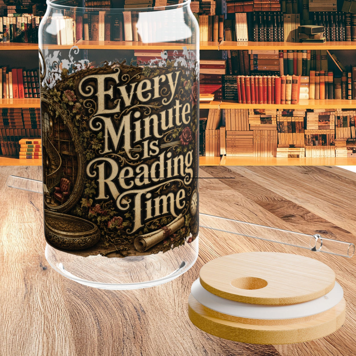 Every Minute Is Reading Time Glass Cup, Personalized Book Lover Glass Can, Dark Academia Iced Coffee Cup, Gothic BookTok Gift
