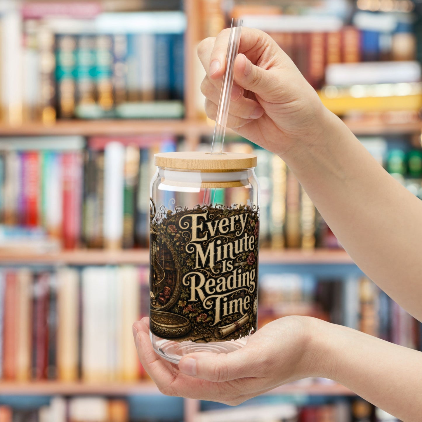 Every Minute Is Reading Time Glass Cup, Personalized Book Lover Glass Can, Dark Academia Iced Coffee Cup, Gothic BookTok Gift