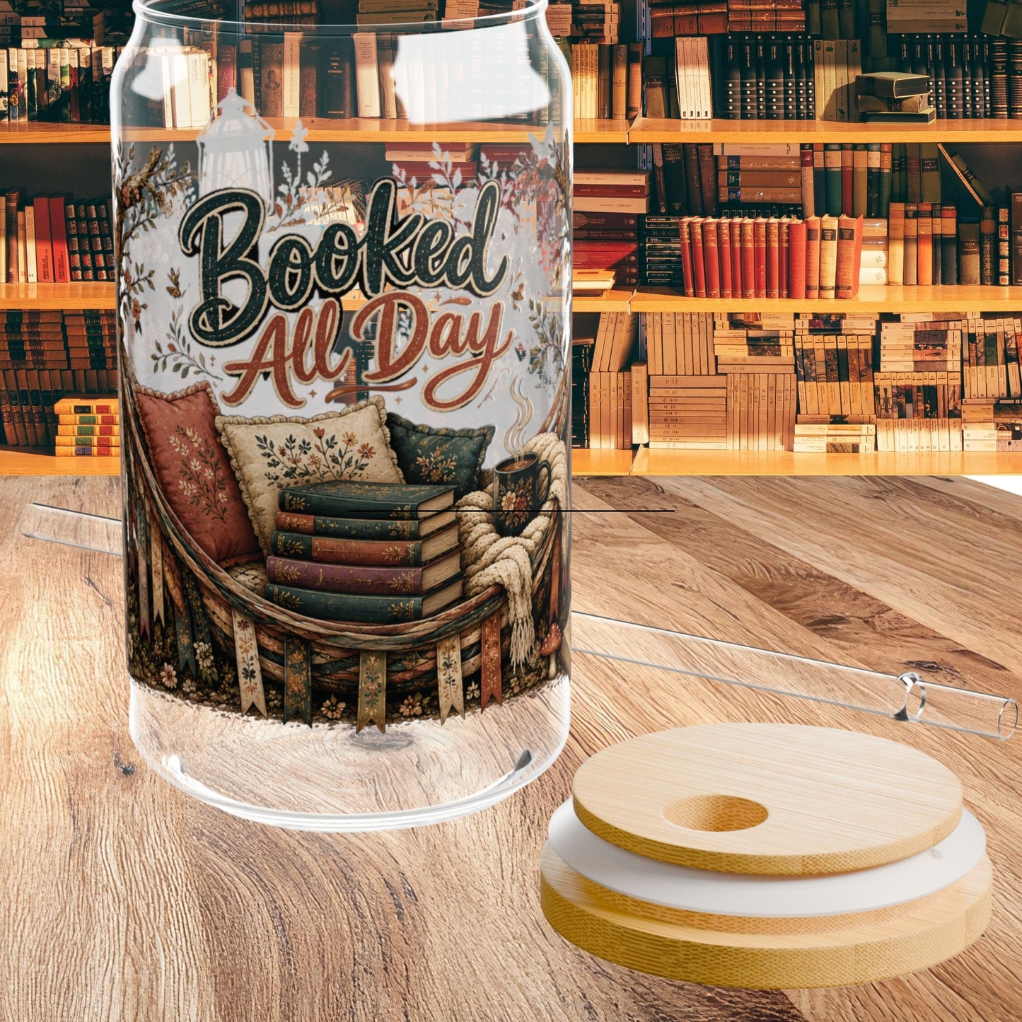 Booked All Day Glass Cup, Book Lover Iced Coffee Glass, Reading Glass Can, BookTok Drinkware, Cozy Reader Glass Cup