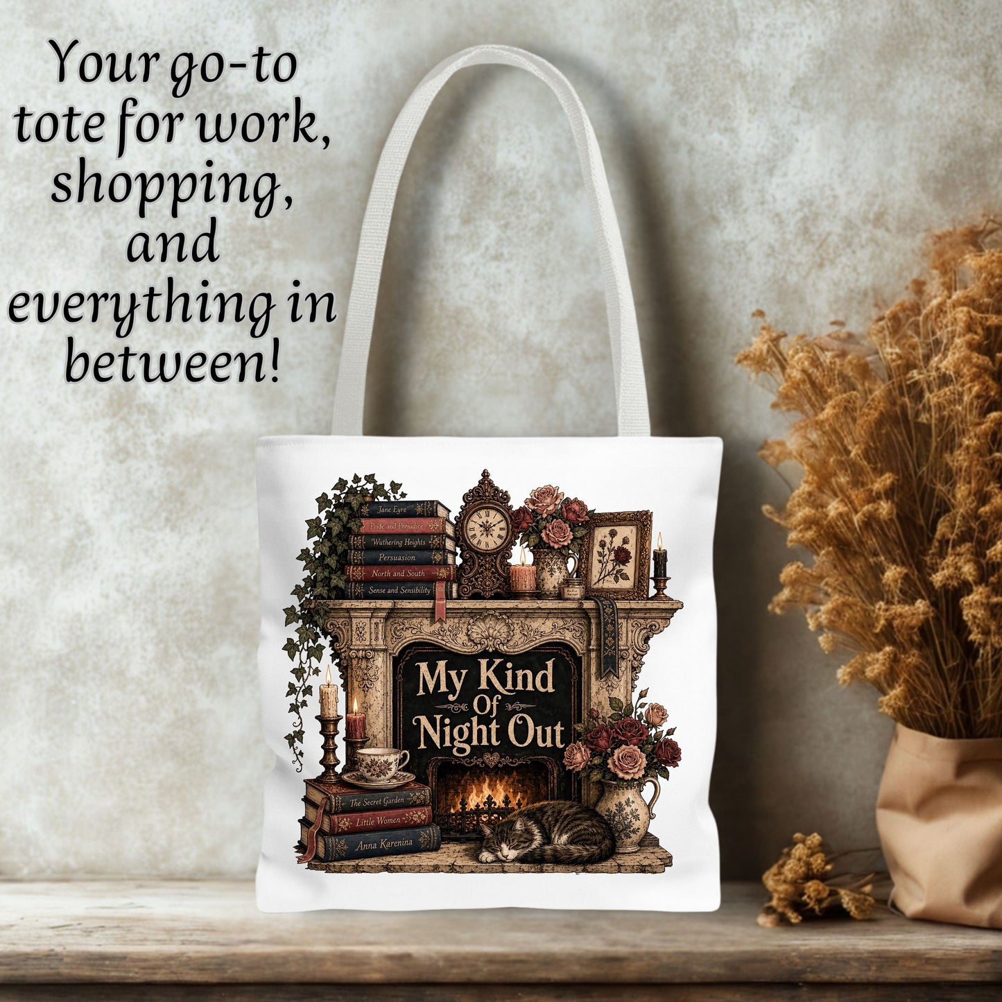 My Kind of Night Out Tote Bag, Book Lover Tote, Cozy Reading Book Bag, Literary Tote, Introvert Reader Gift for Women