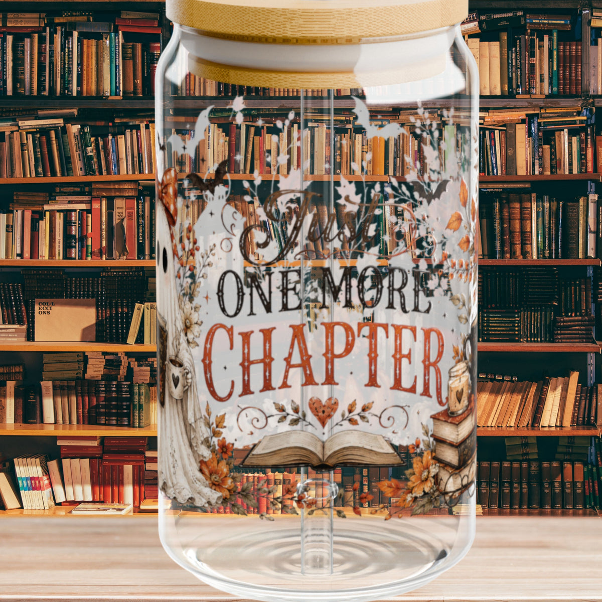 Just One More Chapter Autumn Fall Pumpkin Ghost 16oz Glass Cup, 16oz Halloween Glass Cup , Retro Fall, Trendy Floral Autumn Ghost Book Lover