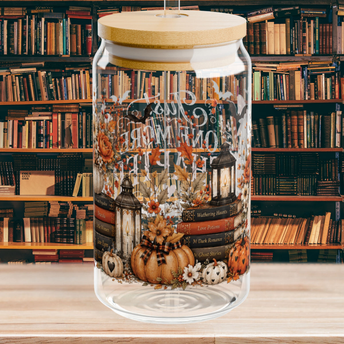 Just One More Chapter Autumn Fall Pumpkin Ghost 16oz Glass Cup, 16oz Halloween Glass Cup , Retro Fall, Trendy Floral Autumn Ghost Book Lover