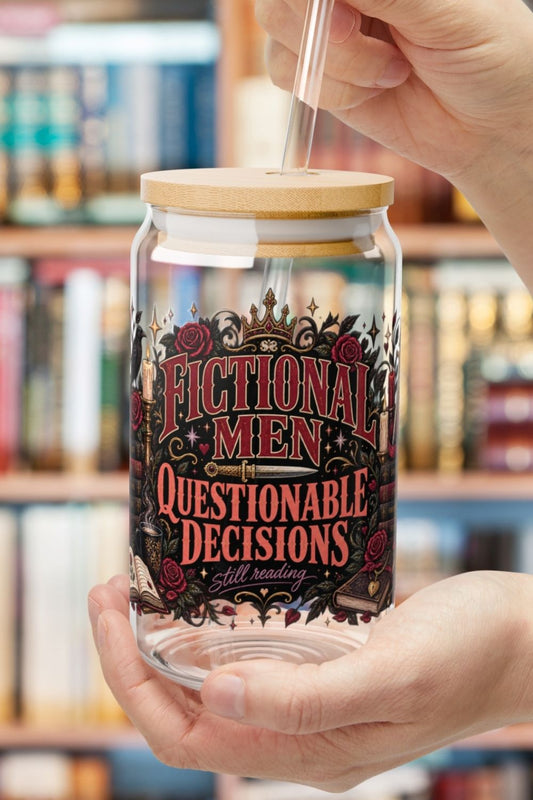 Fictional Men, Questionable Decisions Glass Cup, Romance Reader Cup, Book Lover Iced Coffee Glass, BookTok Gift