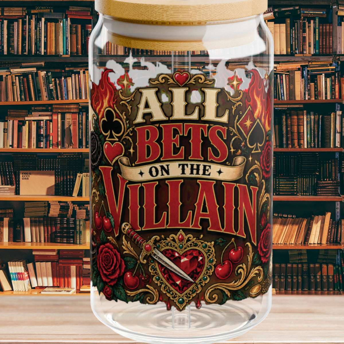 All Bets on the Villain Glass Cup, Dark Romance Book Lover Cup, Villain Era 16 oz Glass Sipper, Bookish Reader Gift