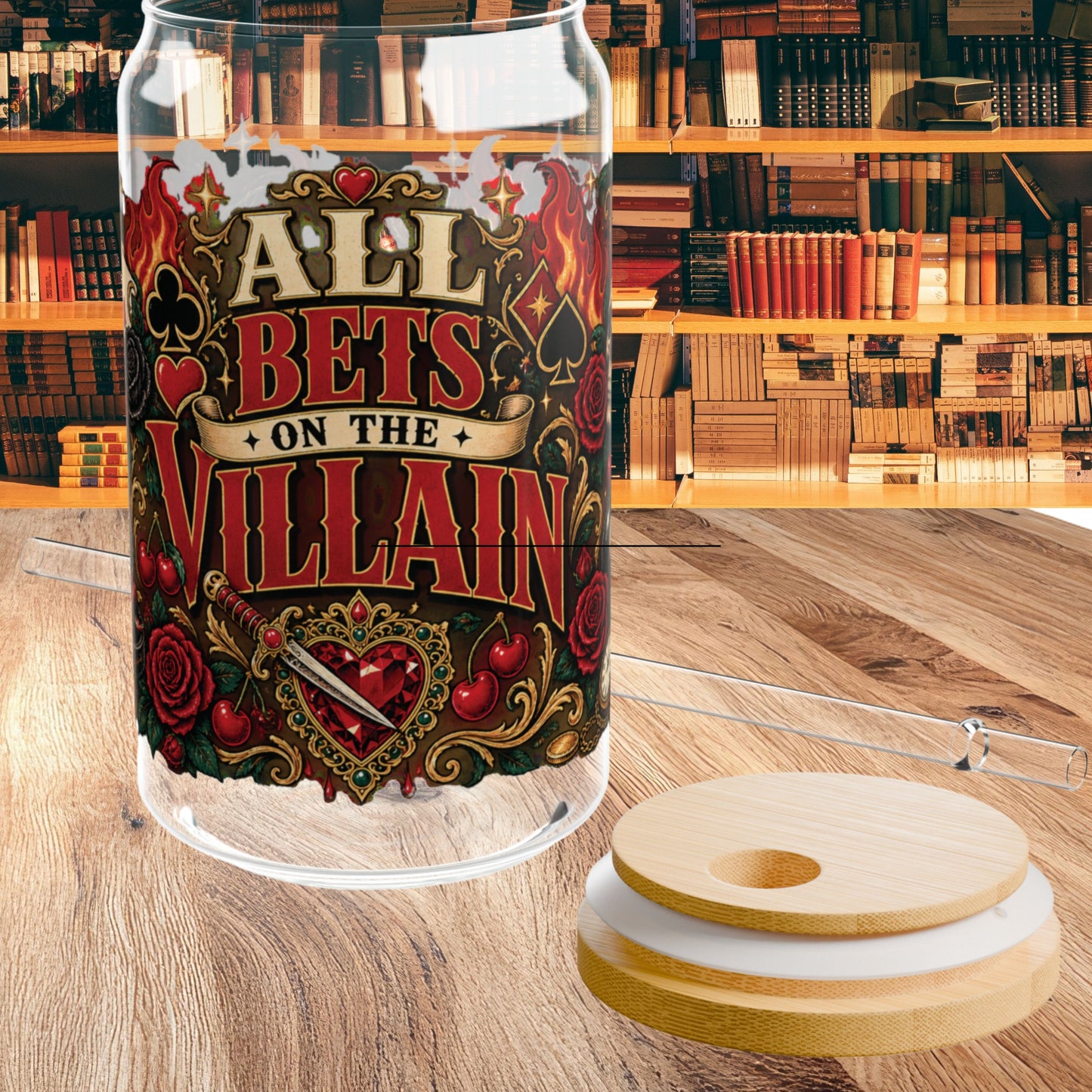 All Bets on the Villain Glass Cup, Dark Romance Book Lover Cup, Villain Era 16 oz Glass Sipper, Bookish Reader Gift