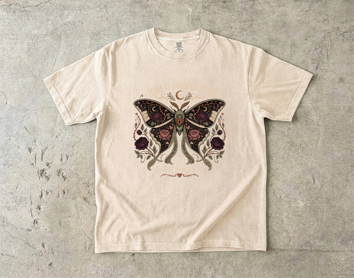 Dangerous Stories Shirt, Dark Romance Reader Shirt, Morally Gray Book Lover Tee, Gothic Moth Bookish Shirt