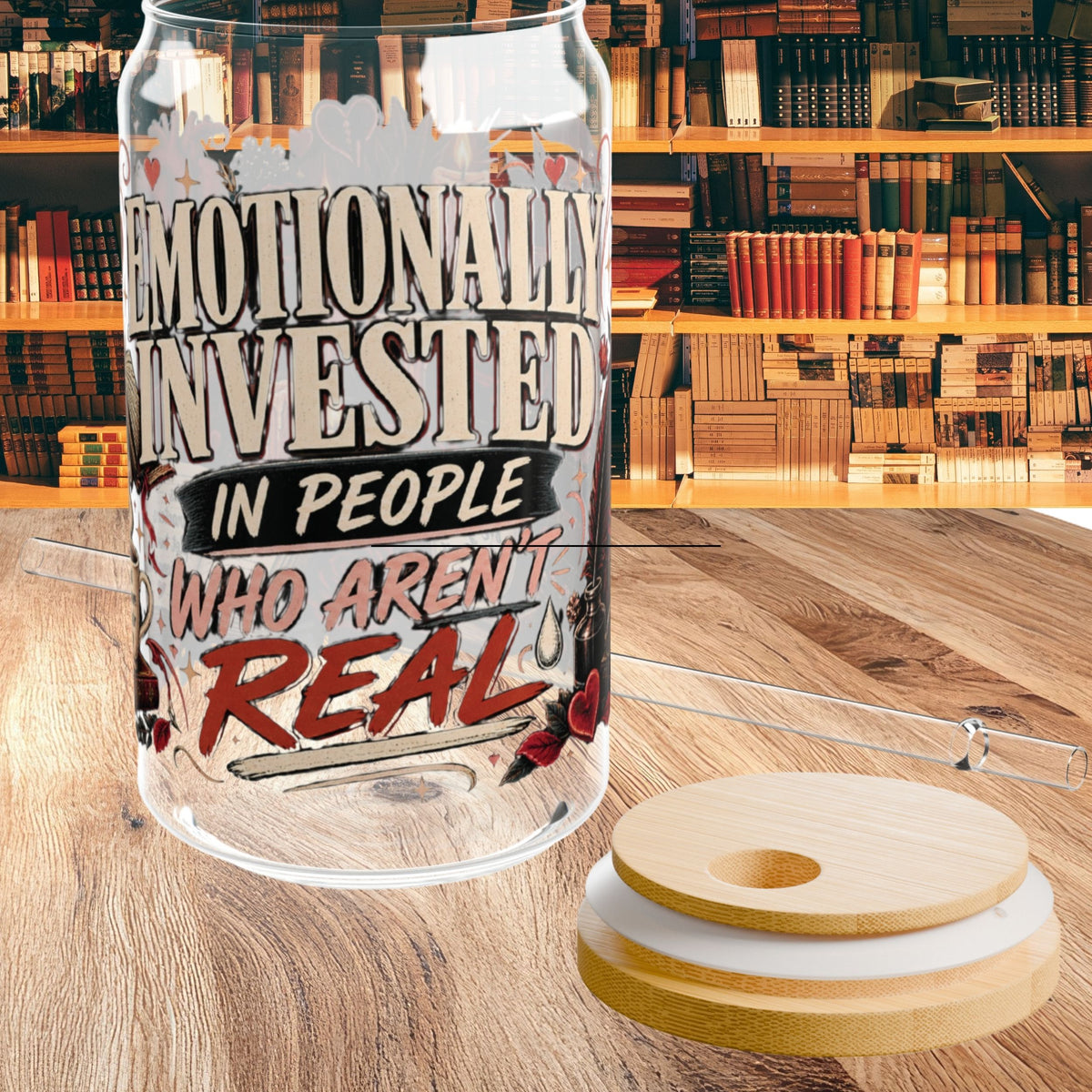 Emotionally Invested Glass Cup, Funny Book Lover Cup, Romance Reader 16 oz Glass Can, BookTok Reader Gift