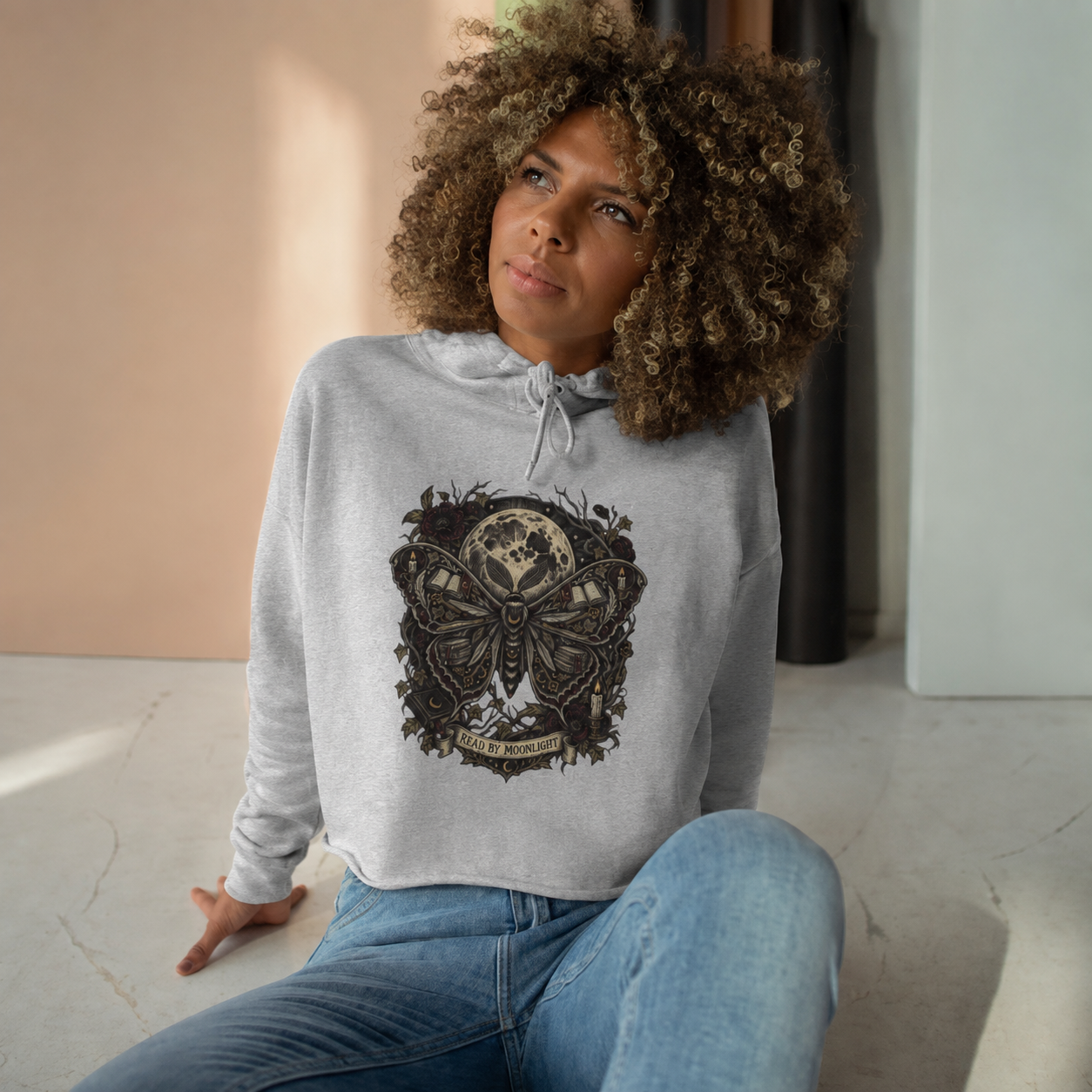 Read By Moonlight Cropped Hoodie, Book Lover Sweatshirt, Gothic Moth Hoodie, Dark Academia Reader Gift, Bookish Crop Sweatshirt