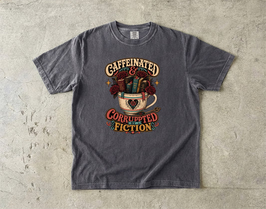 Caffeinated and Corrupted by Fiction Shirt, Book Lover Tee, Romance Reader Shirt, BookTok Gift, Coffee and Books T-Shirt