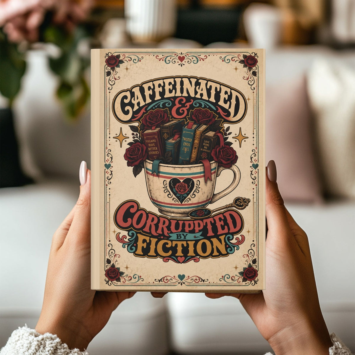 A person holds a decorative book or notebook cover in front of their hands. The cover features an illustrated teacup filled with books and dark red roses, with the text 'CAFFEINATED & CORRUPTED BY FICTION' in stylized lettering.