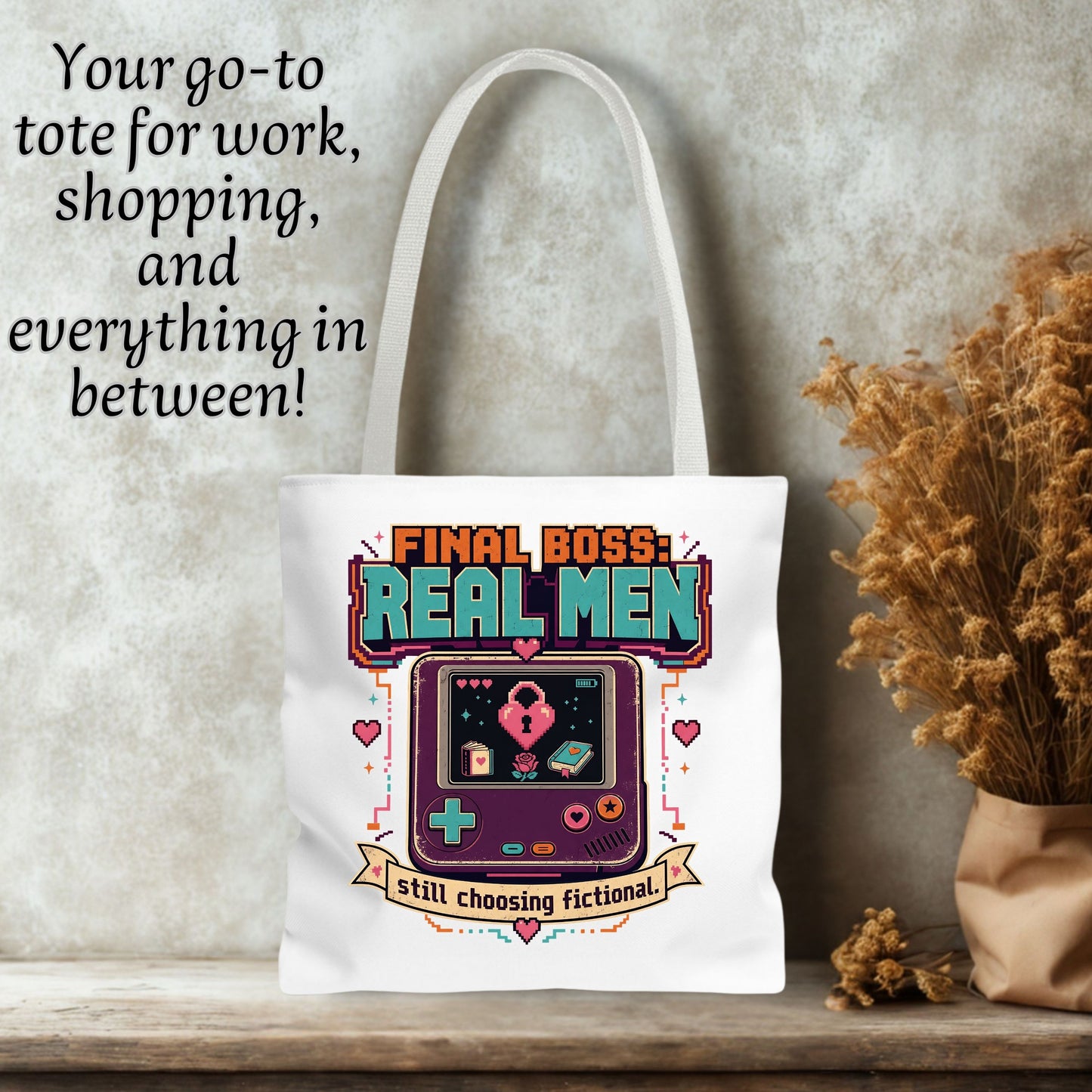 Final Boss Real Men Tote Bag, Funny Book Lover Tote, Fictional Men Reader Gift, Retro Gamer Bookish Bag, Romance Book Lover Tote