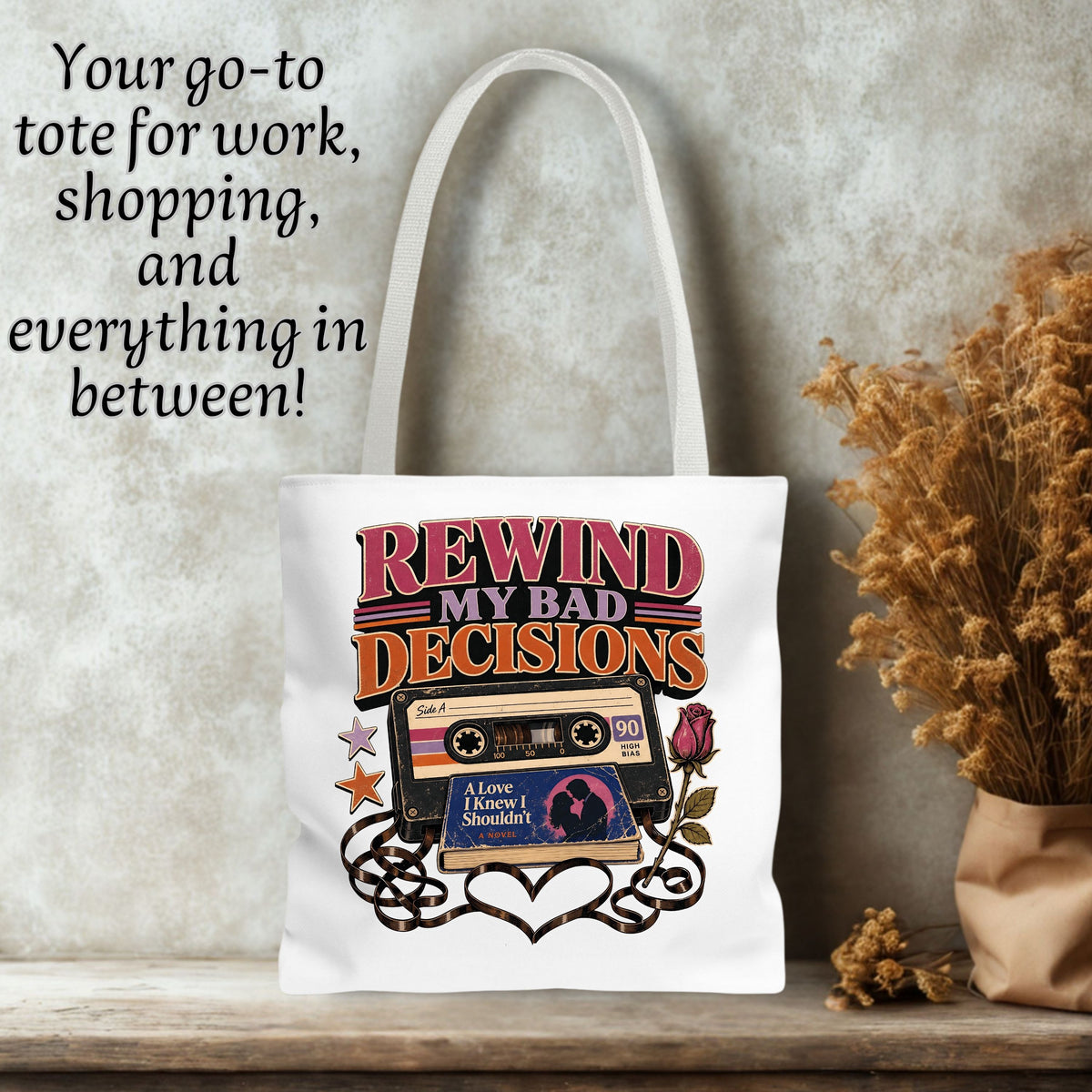 Rewind My Bad Decisions Tote Bag, Retro Book Lover Tote, Romance Reader Gift, BookTok Bag, Funny Fictional Men Bookish Tote