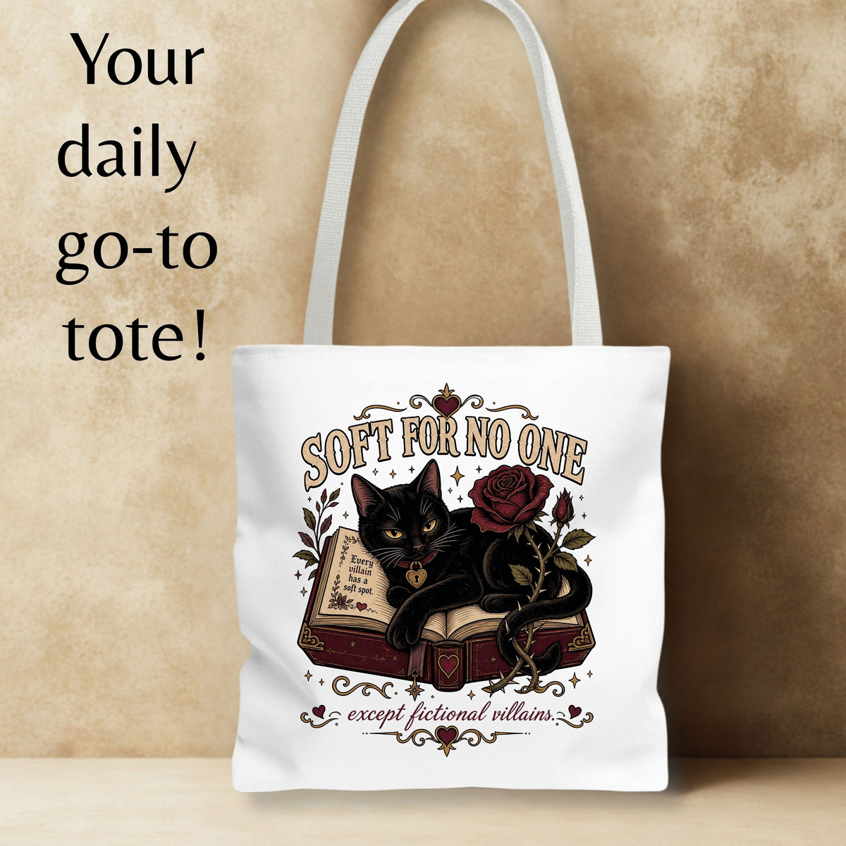 Soft for No One Tote Bag, Except Fictional Villains Tote, Dark Romance Book Lover Bag, Gothic Cat Reader Gift, BookTok Tote