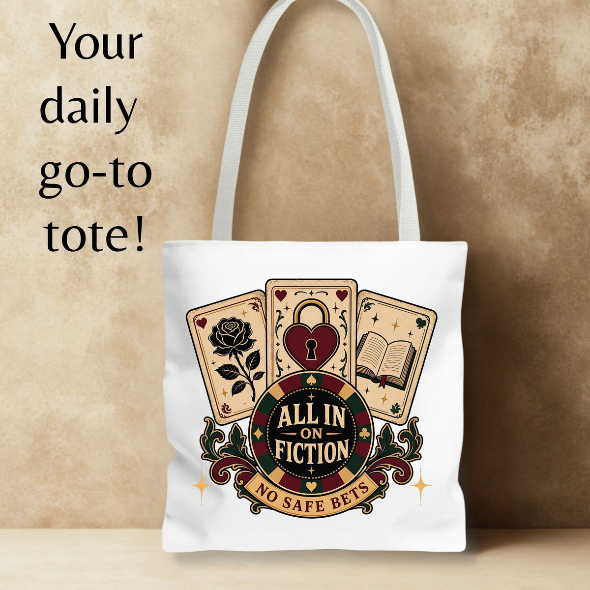 All In on Fiction Tote Bag, No Safe Bets Book Lover Tote, Romance Reader Gift, BookTok Bag, Dark Romance Bookish Tote