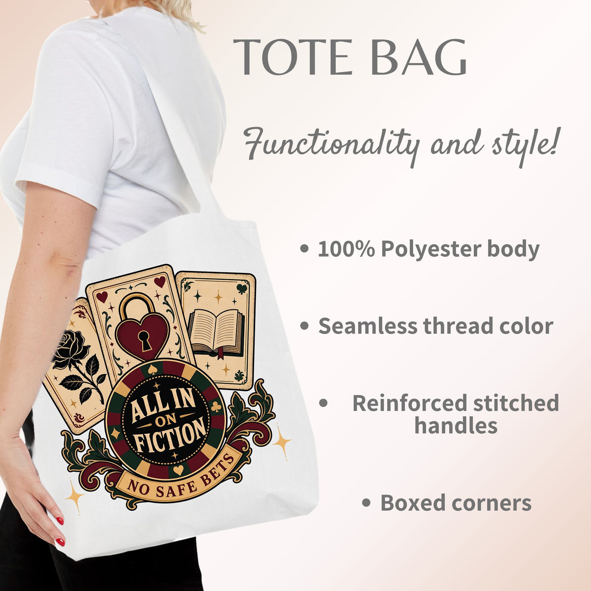 All In on Fiction Tote Bag, No Safe Bets Book Lover Tote, Romance Reader Gift, BookTok Bag, Dark Romance Bookish Tote