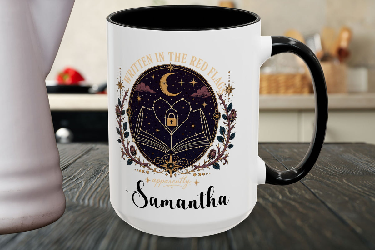 Personalized Dark Romance Mug, Written in the Red Flags Cup, Custom Name Book Lover Gift, Romantasy Mug, 11 oz and 15 oz