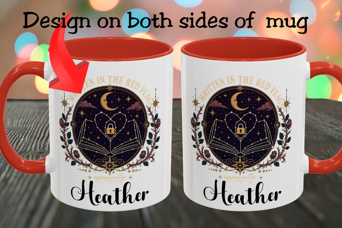 Two white ceramic mugs with red interiors and handles are shown side by side on a wooden surface, each printed with a dark circular celestial design and the name Heather. Text at the top says 'Design on both sides of mug' with a red arrow pointing to the left mug.