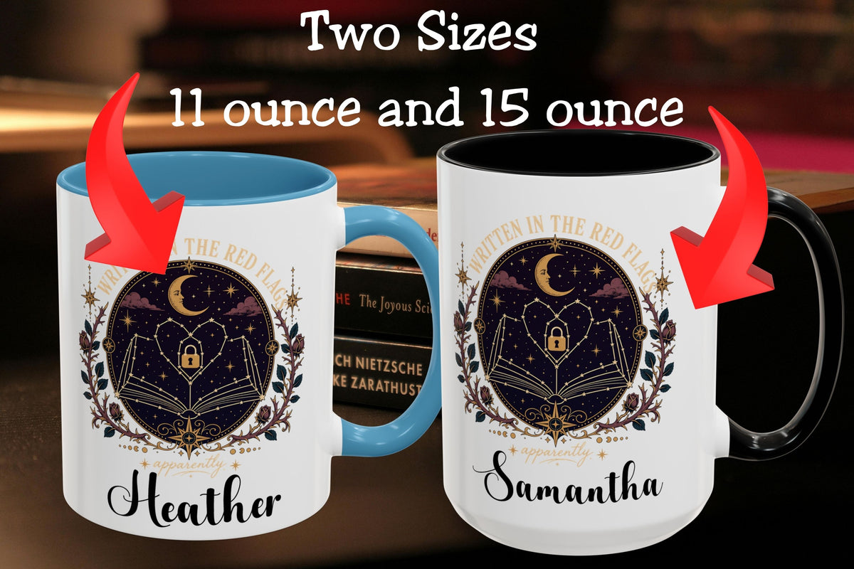Two customized ceramic mugs shown side by side with text reading 'Two Sizes 11 ounce and 15 ounce' and red arrows pointing to each mug. The left mug is white with a light blue interior and handle, and the right mug is white with a black interior and handle.