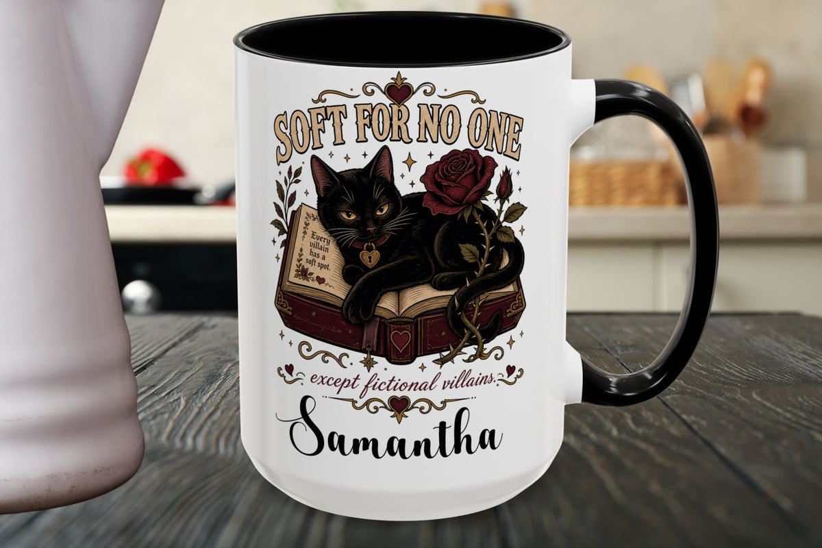 Personalized Black Cat Book Lover Mug, Soft for No One Coffee Cup, Dark Romance Reader Gift, Custom Name Mug, 11 oz and 15 oz