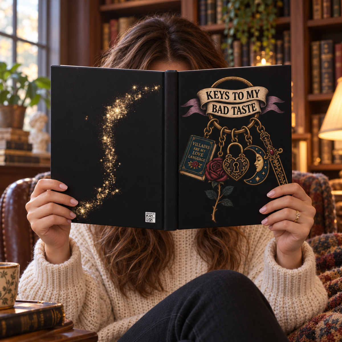 A person in a cozy living room setting holds open a black hardcover book. The left cover features a glowing gold sparkle trail, and the right cover displays a gothic-style illustration with the text 'KEYS TO MY BAD TASTE' above a rose, padlock, key, and book.
