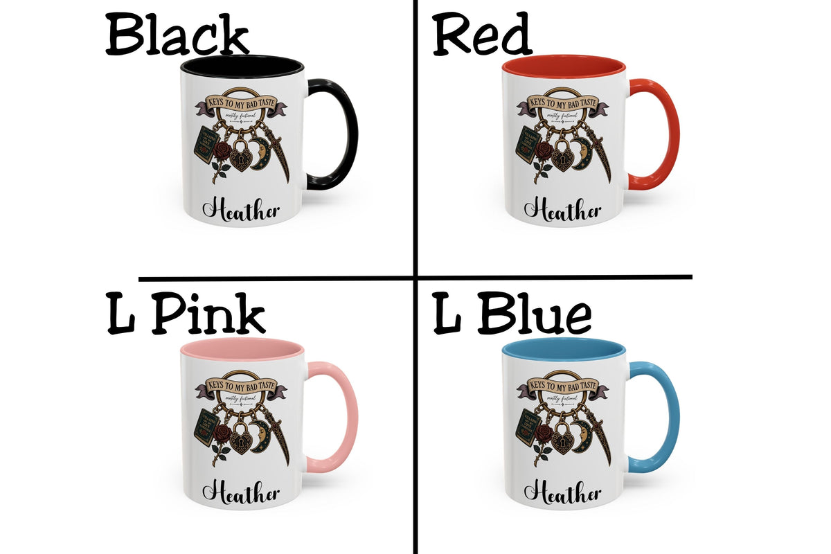 Personalized Dark Romance Mug, Keys to My Bad Taste Coffee Cup, Custom Name Book Lover Gift, Gothic Reader Mug, 11 oz and 15 oz