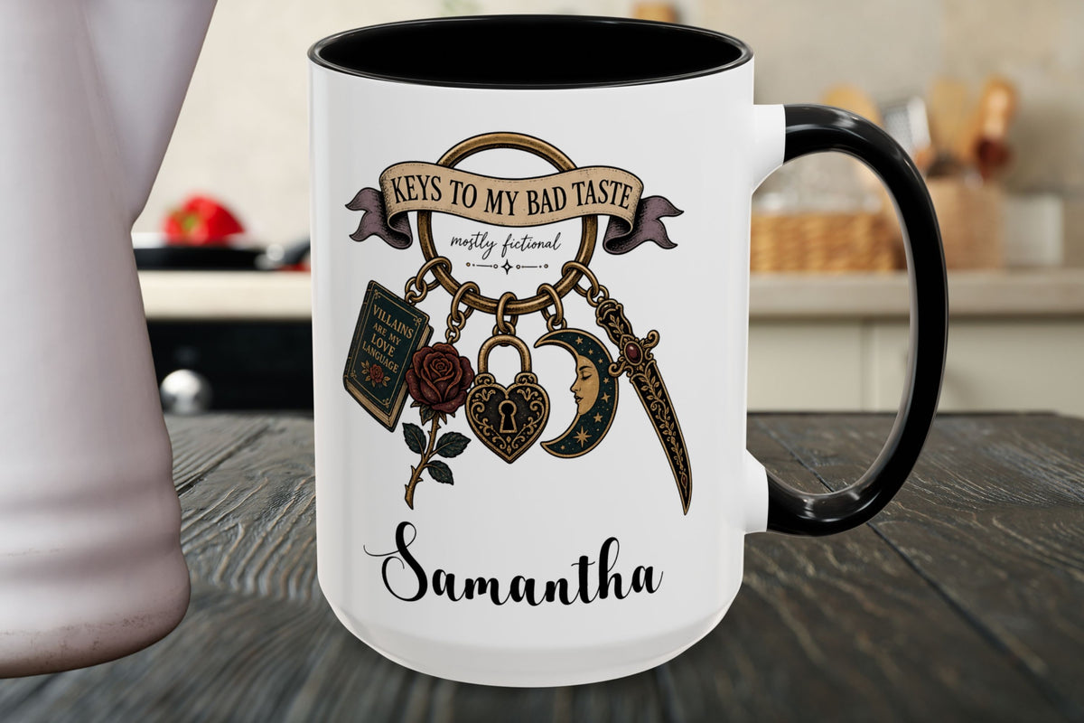Personalized Dark Romance Mug, Keys to My Bad Taste Coffee Cup, Custom Name Book Lover Gift, Gothic Reader Mug, 11 oz and 15 oz