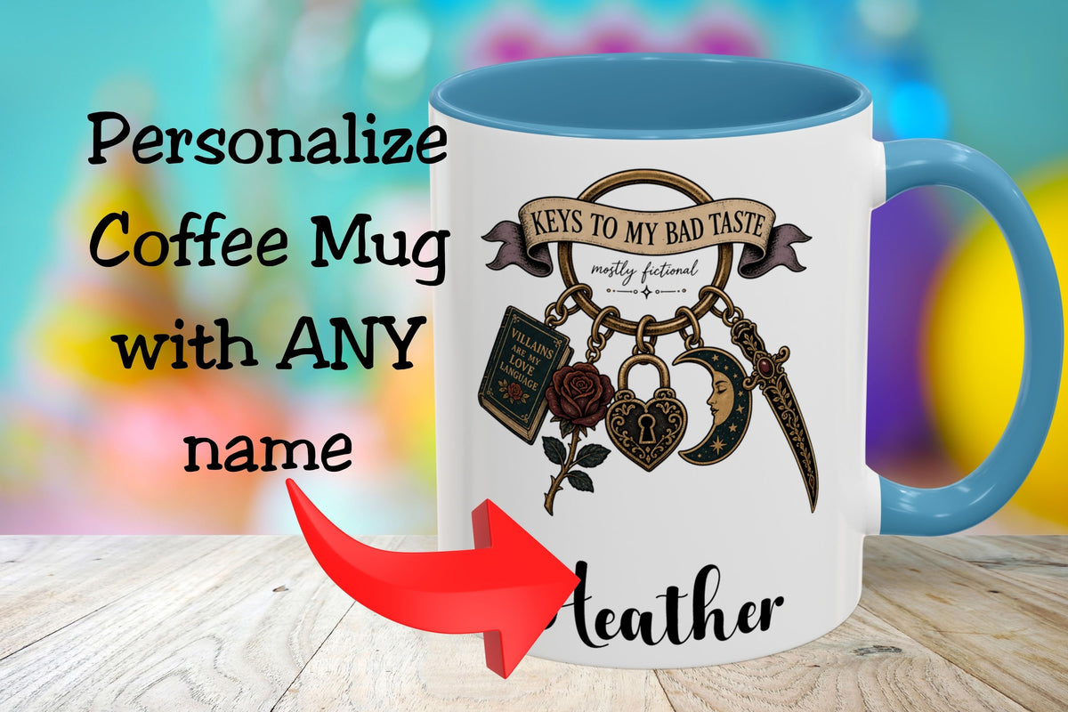 Personalized Dark Romance Mug, Keys to My Bad Taste Coffee Cup, Custom Name Book Lover Gift, Gothic Reader Mug, 11 oz and 15 oz