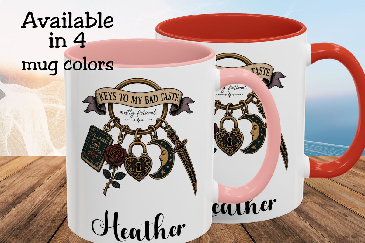 Personalized Dark Romance Mug, Keys to My Bad Taste Coffee Cup, Custom Name Book Lover Gift, Gothic Reader Mug, 11 oz and 15 oz
