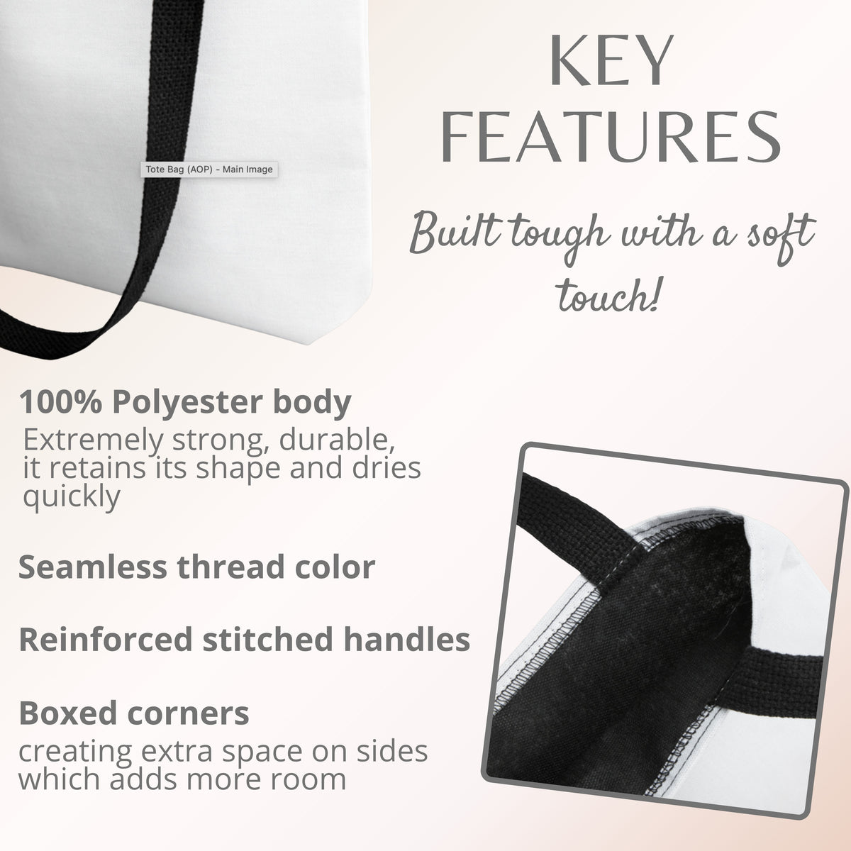 A white tote bag with black handles shown on a light beige background with feature callouts and text describing its durability, seamless thread, reinforced handles, and boxed corners.