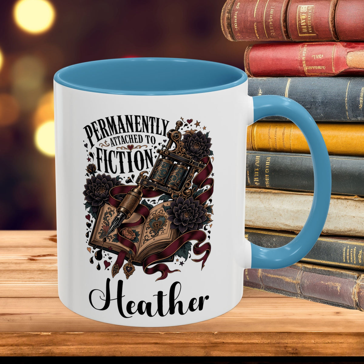 Personalized Book Lover Mug, Permanently Attached to Fiction, Gothic Tattoo Coffee Cup, Custom Reader Gift, 11 oz and 15 oz, 4 Colors