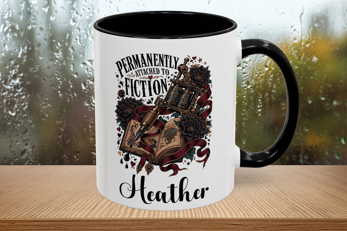 Personalized Book Lover Mug, Permanently Attached to Fiction, Gothic Tattoo Coffee Cup, Custom Reader Gift, 11 oz and 15 oz, 4 Colors